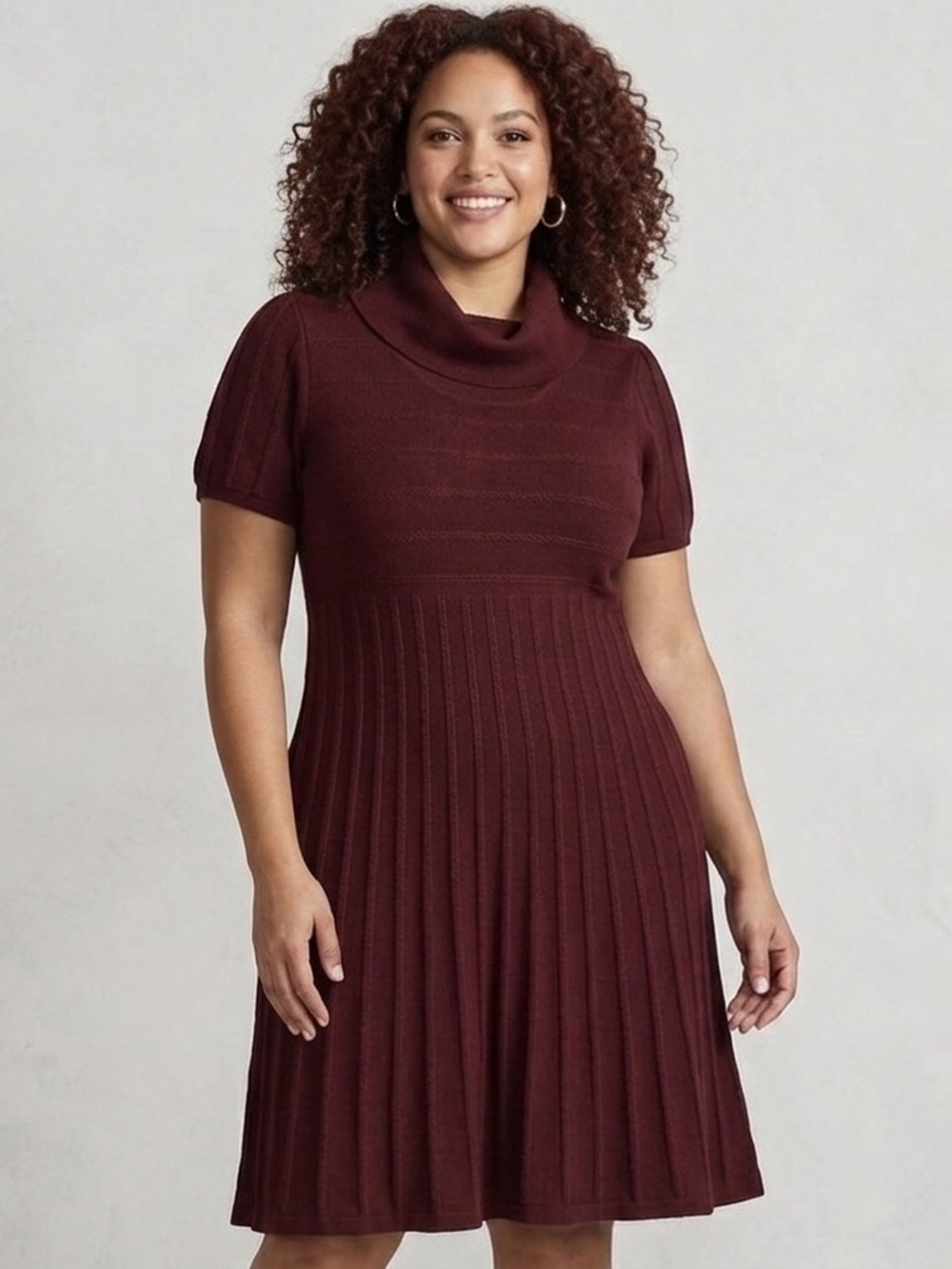 Merino Wool Burgundy Knit Mock Neck Short Sleeve A-Line Sweater Dress Large